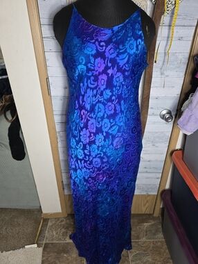 Vtg Silk Blue Purple Ombre Floral Sleeveless Maxi Dress Whimsigoth Fairycore